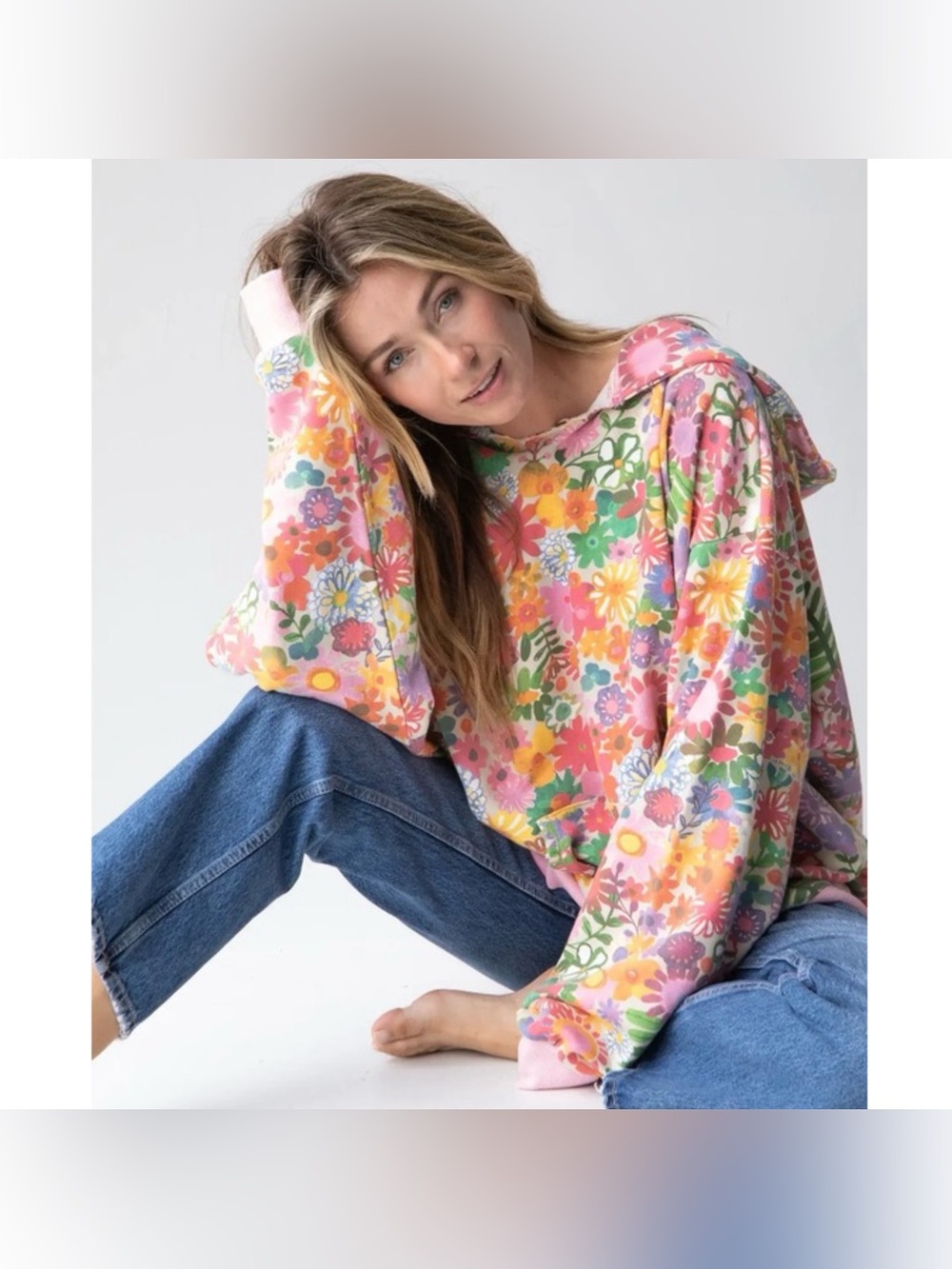 Natural Life Rainbow Floral Oversized Hoodie Sz L/XL Lounge Bloomcore Garden